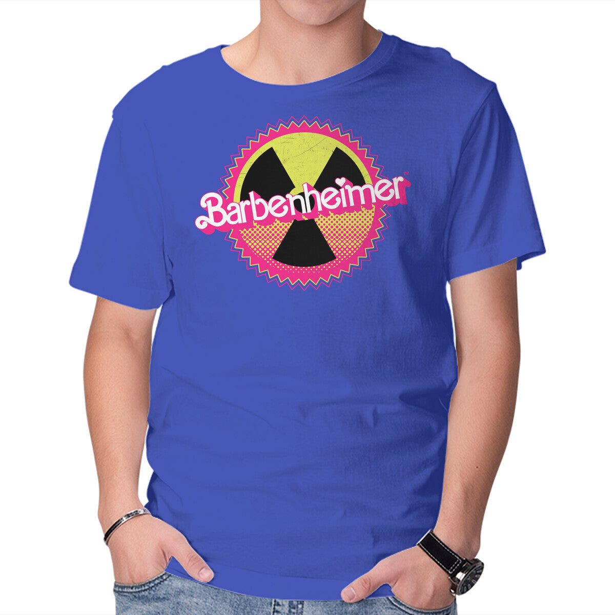 Barbenheimer Reactor – Movie Graphic T-Shirt in royal blue, product display
