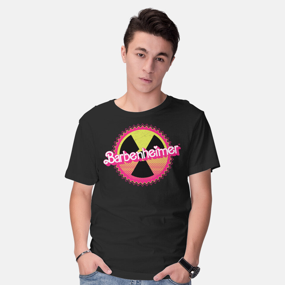 Model wearing black Barbenheimer Reactor – Movie Graphic T-Shirt