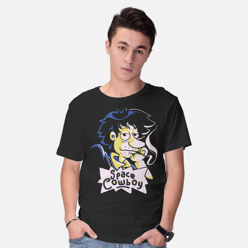 Model wearing black Stu Spiegel – Anime Graphic T-Shirt