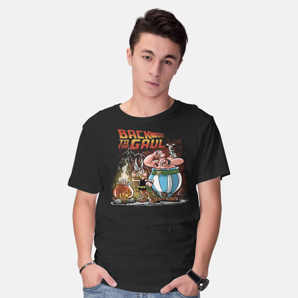 Model wearing black Back To The Gaul – Fantasy Graphic T-Shirt