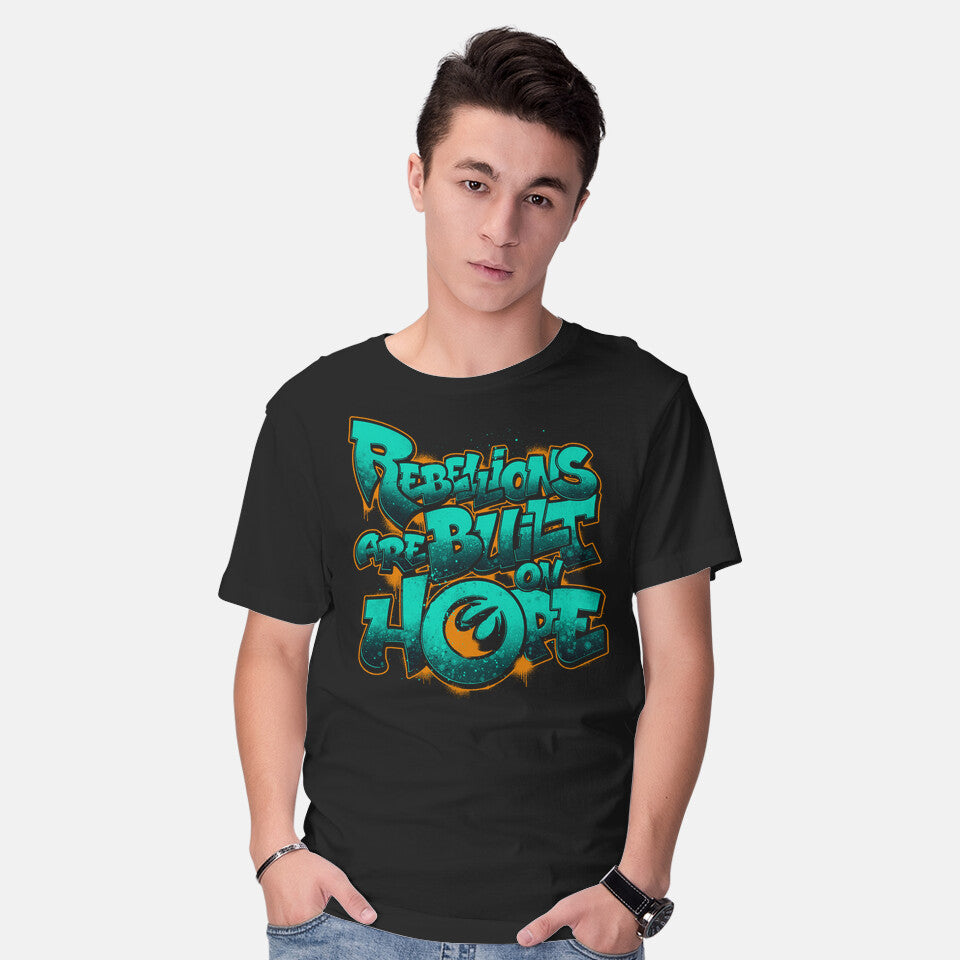 Model wearing black Rebel Phoenix – Sci-Fi Graphic T-Shirt