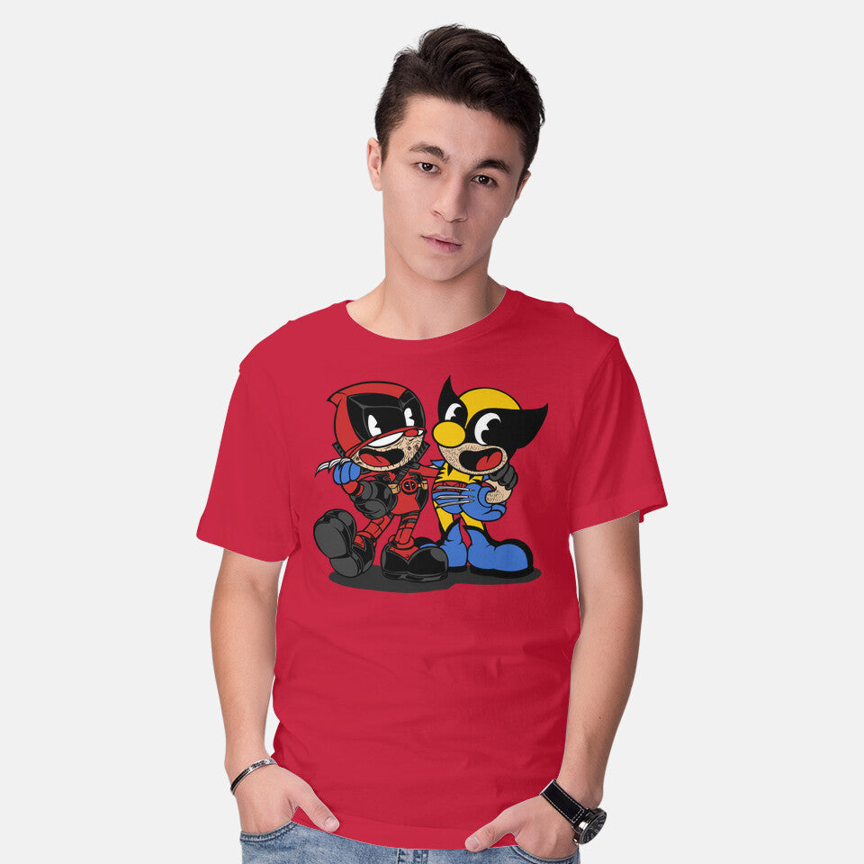 Model wearing red Weapon X – Sci-Fi Graphic T-Shirt