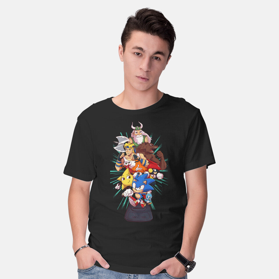 Model wearing black Megadrive – Gaming Graphic T-Shirt
