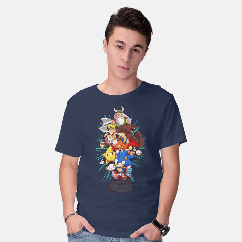 Model wearing navy Megadrive – Gaming Graphic T-Shirt