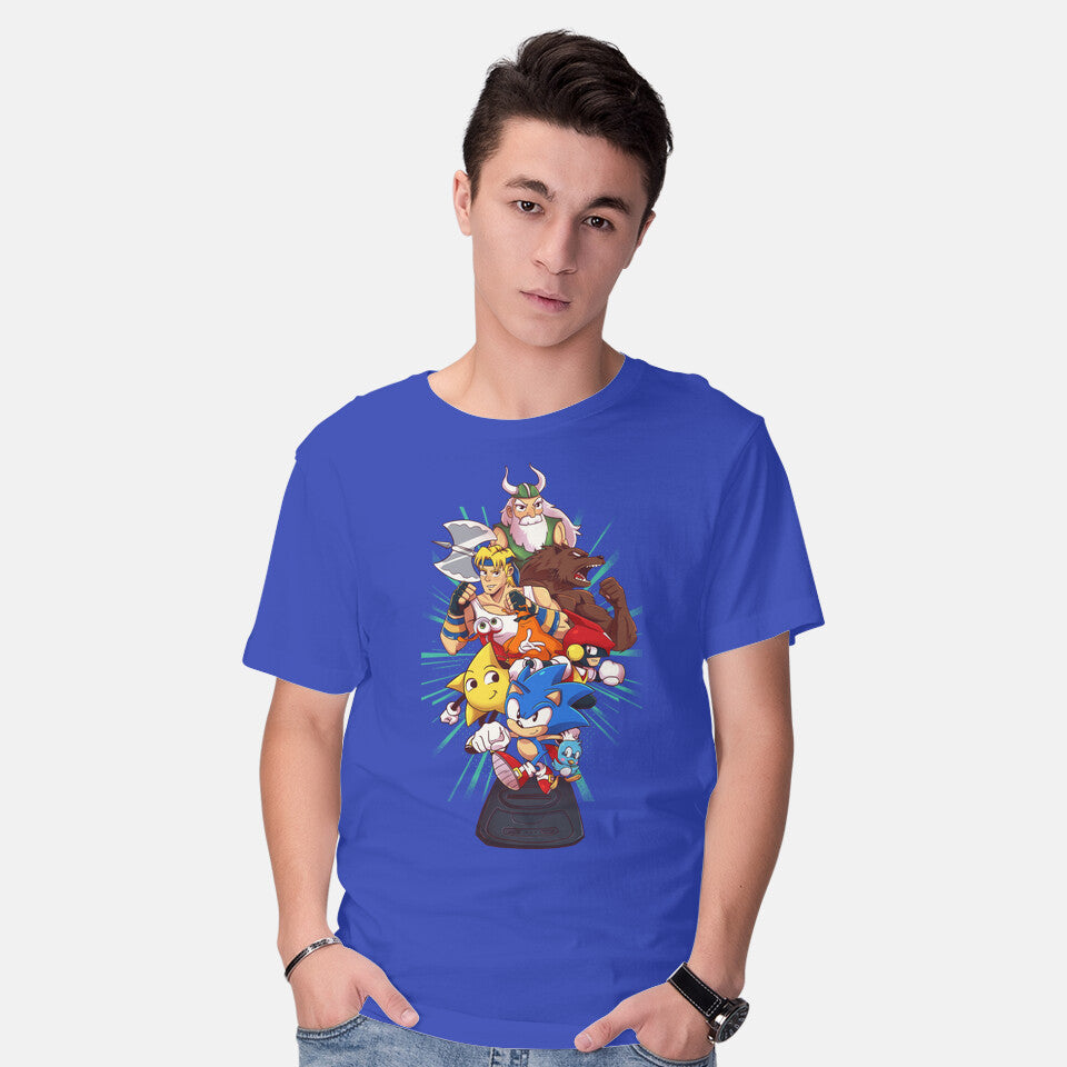 Model wearing royal blue Megadrive – Gaming Graphic T-Shirt