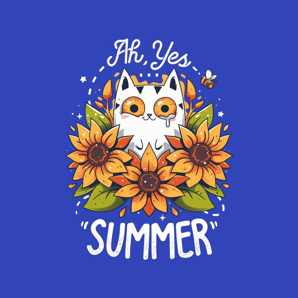 Summer Kitten Sniffles – Cat Graphic T-Shirt design artwork for royal blue graphic T-shirt