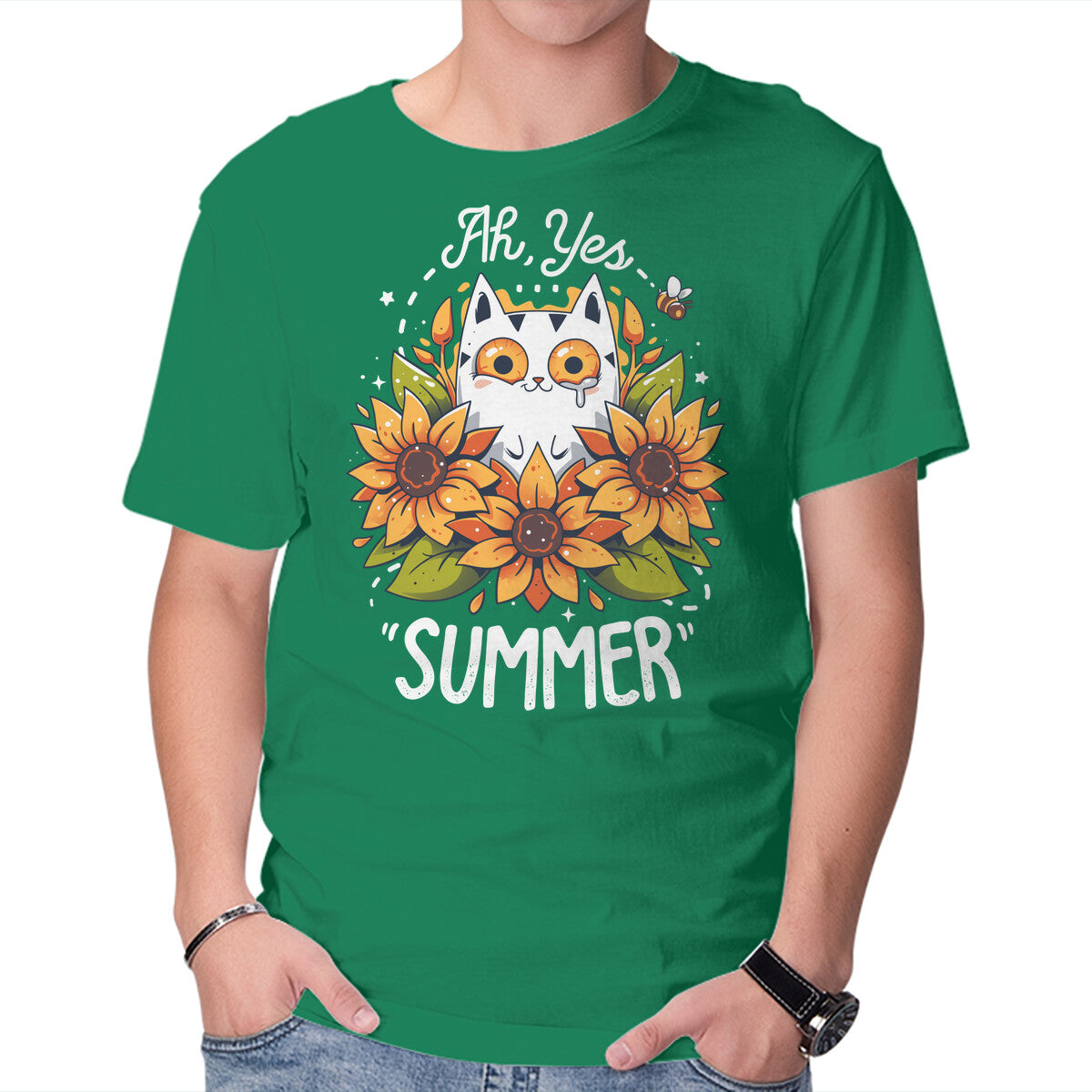 Summer Kitten Sniffles – Cat Graphic T-Shirt in green, product display