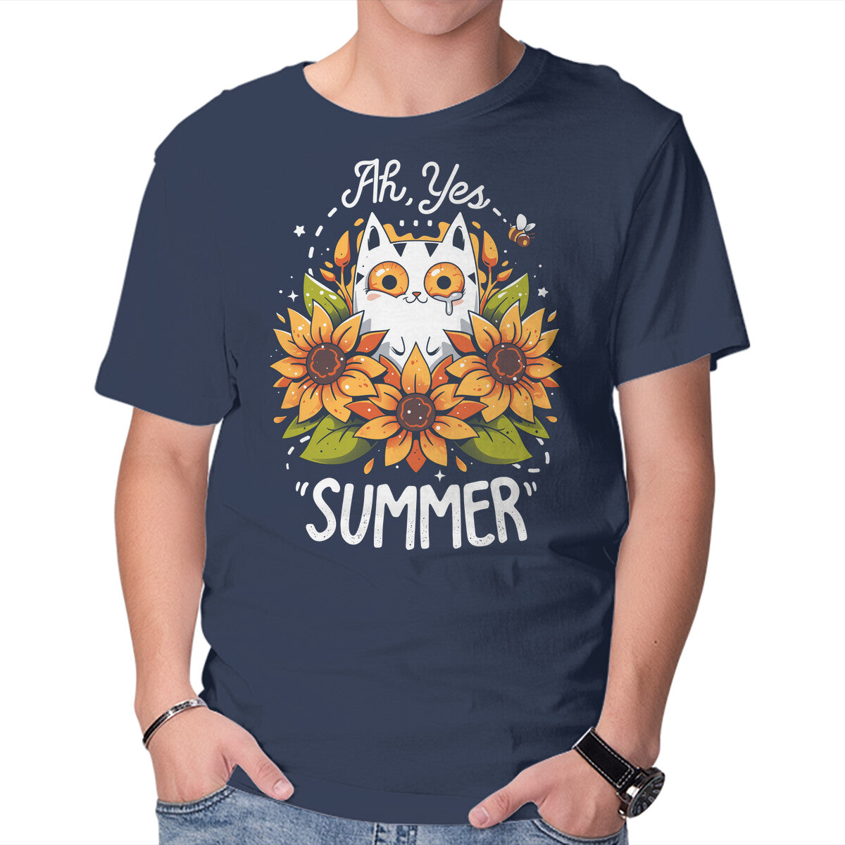 Summer Kitten Sniffles – Cat Graphic T-Shirt in navy, product display