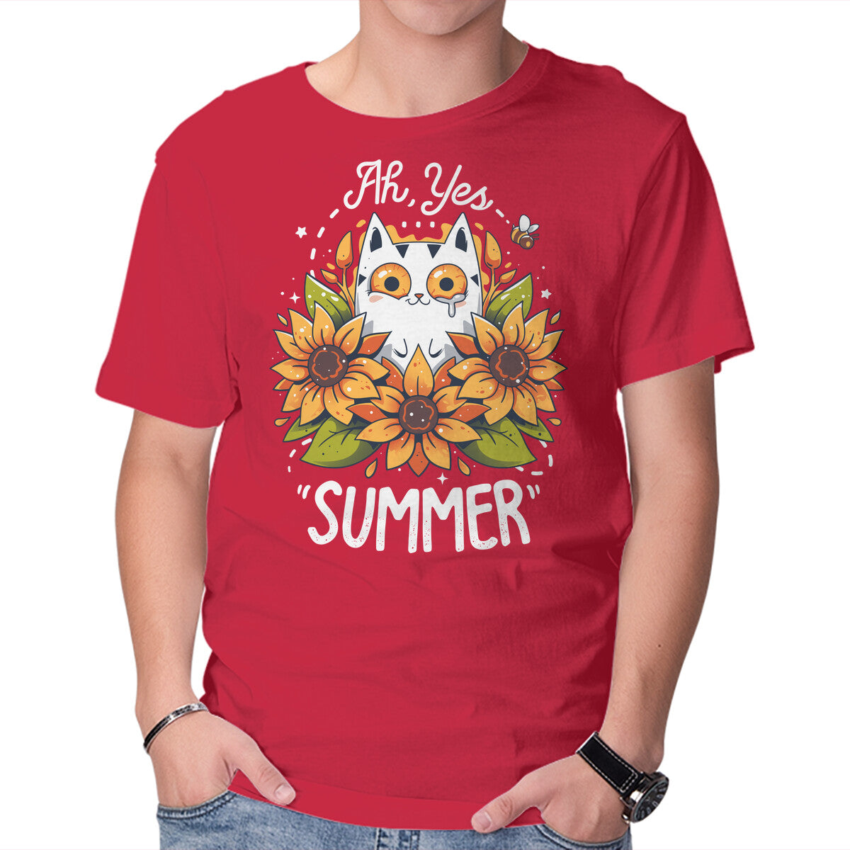 Summer Kitten Sniffles – Cat Graphic T-Shirt in red, product display