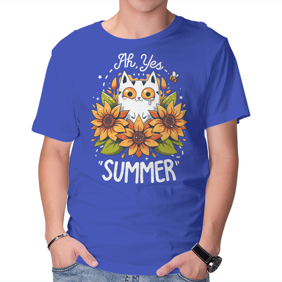 Summer Kitten Sniffles – Cat Graphic T-Shirt in royal blue, product display