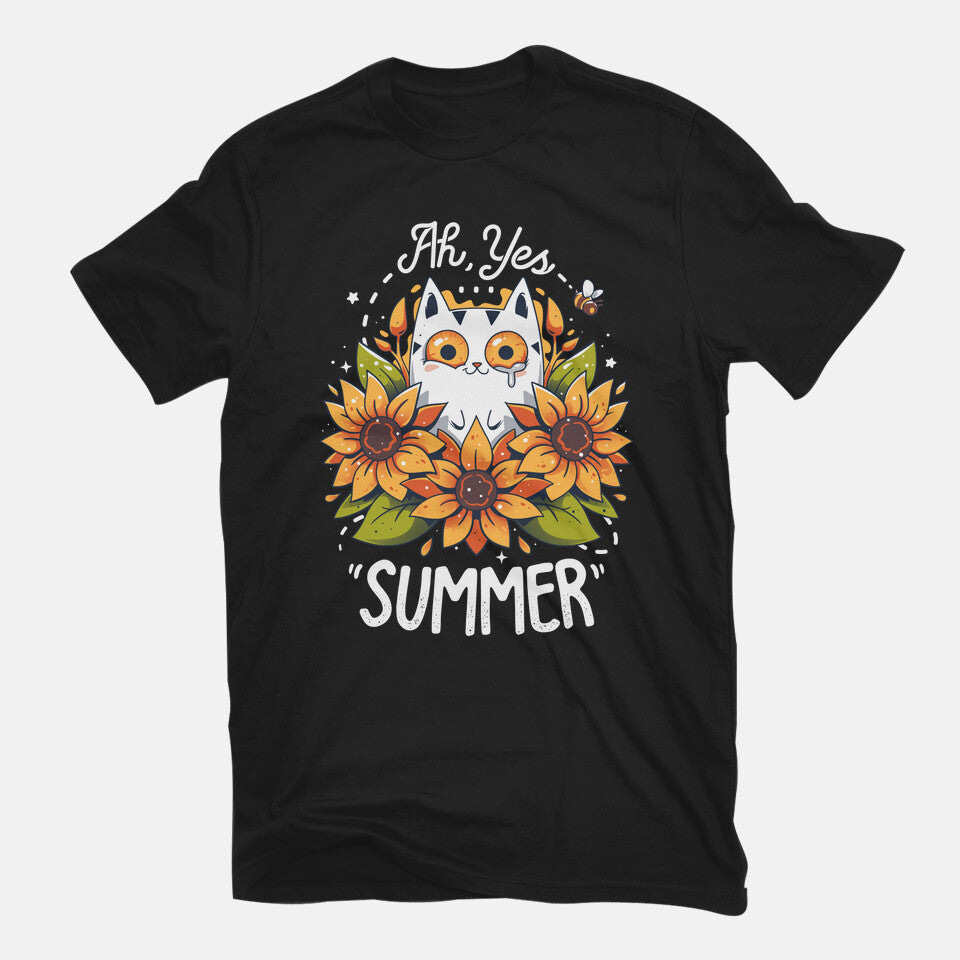 Summer Kitten Sniffles – Cat Graphic T-Shirt in black, flat-lay product view