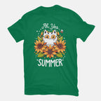 Summer Kitten Sniffles – Cat Graphic T-Shirt in green, flat-lay product view
