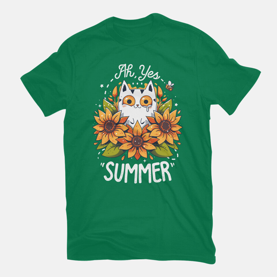 Summer Kitten Sniffles – Cat Graphic T-Shirt in green, flat-lay product view