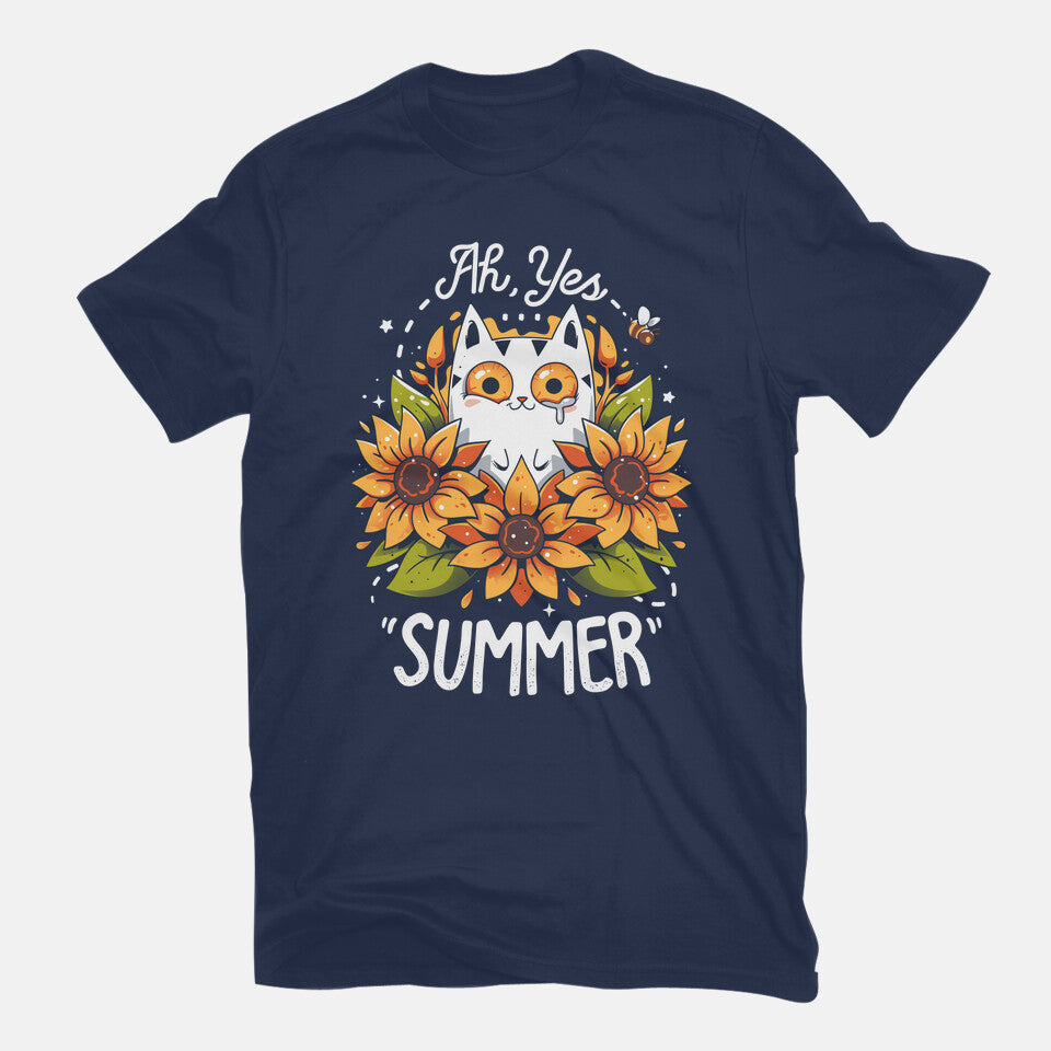 Summer Kitten Sniffles – Cat Graphic T-Shirt in navy, flat-lay product view