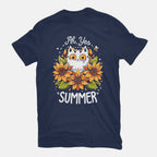 Summer Kitten Sniffles – Cat Graphic T-Shirt in navy, flat-lay product view