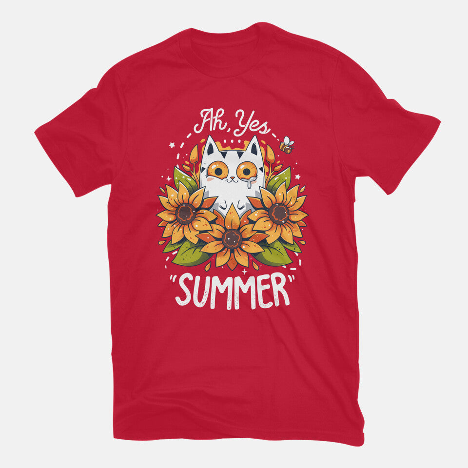 Summer Kitten Sniffles – Cat Graphic T-Shirt in red, flat-lay product view