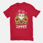 Summer Kitten Sniffles – Cat Graphic T-Shirt in red, flat-lay product view