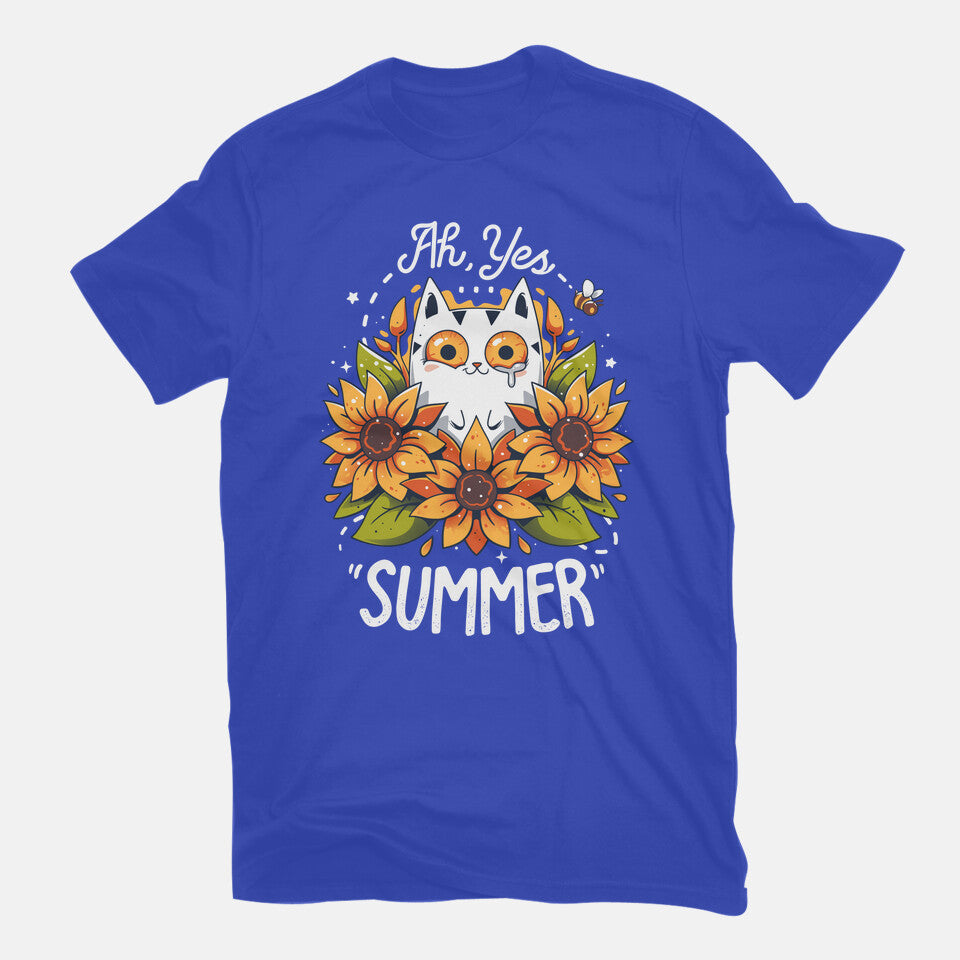 Summer Kitten Sniffles – Cat Graphic T-Shirt in royal blue, flat-lay product view