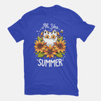 Summer Kitten Sniffles – Cat Graphic T-Shirt in royal blue, flat-lay product view
