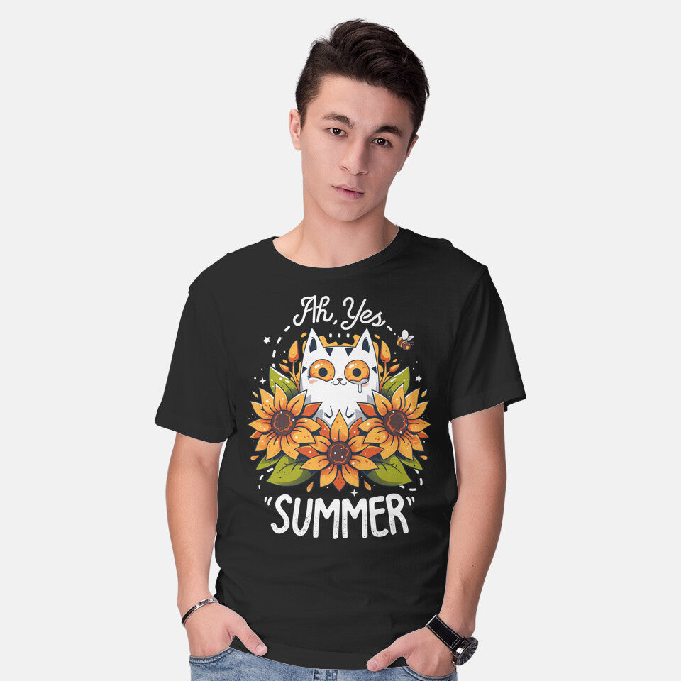 Model wearing black Summer Kitten Sniffles – Cat Graphic T-Shirt