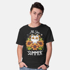 Model wearing black Summer Kitten Sniffles – Cat Graphic T-Shirt