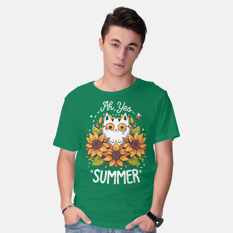 Model wearing green Summer Kitten Sniffles – Cat Graphic T-Shirt