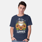 Model wearing navy Summer Kitten Sniffles – Cat Graphic T-Shirt