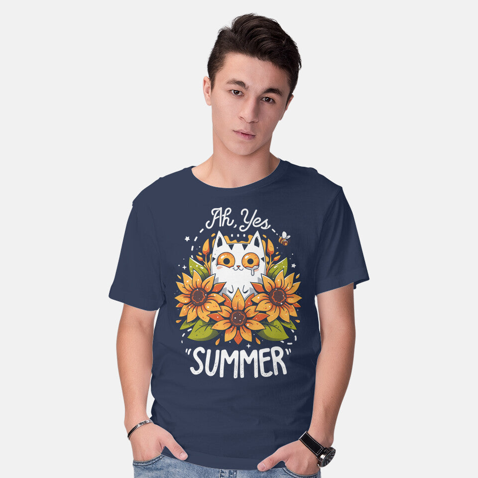 Model wearing navy Summer Kitten Sniffles – Cat Graphic T-Shirt