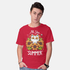 Model wearing red Summer Kitten Sniffles – Cat Graphic T-Shirt