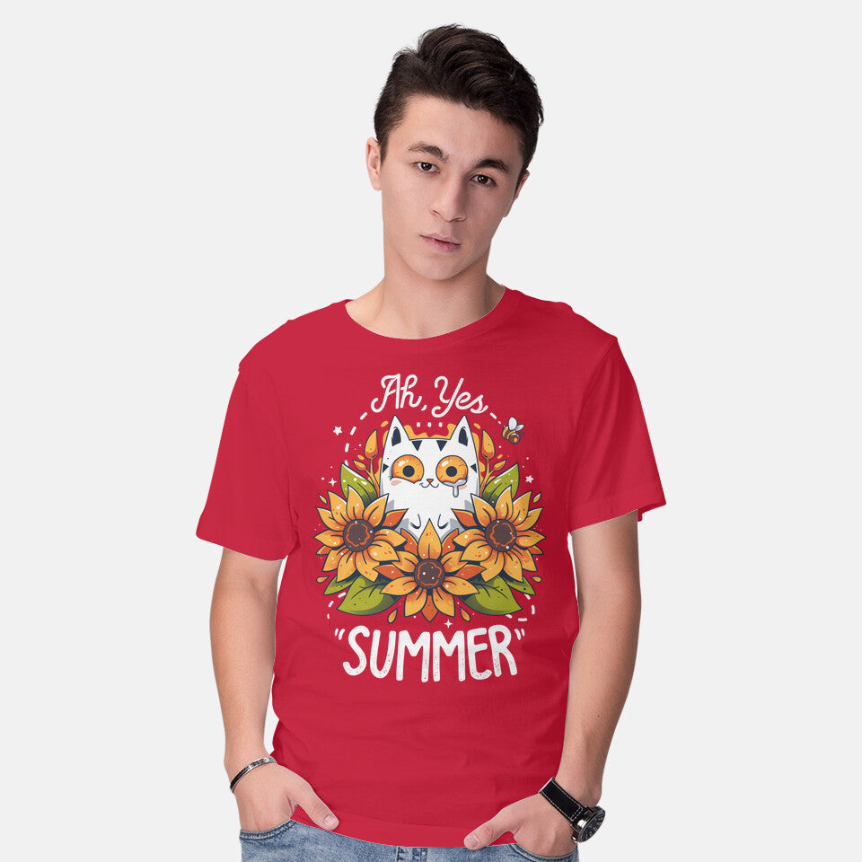 Model wearing red Summer Kitten Sniffles – Cat Graphic T-Shirt