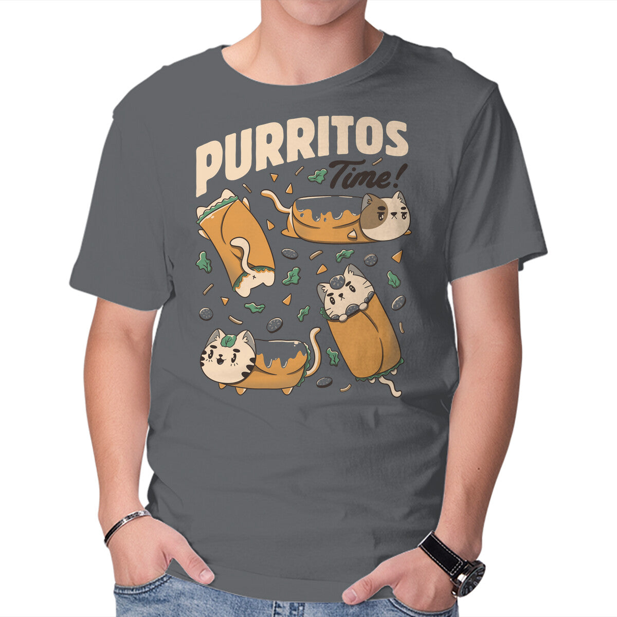 Purritos Time – Cat Graphic T-Shirt in charcoal, product display
