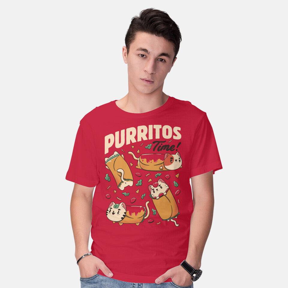 Model wearing red Purritos Time – Cat Graphic T-Shirt