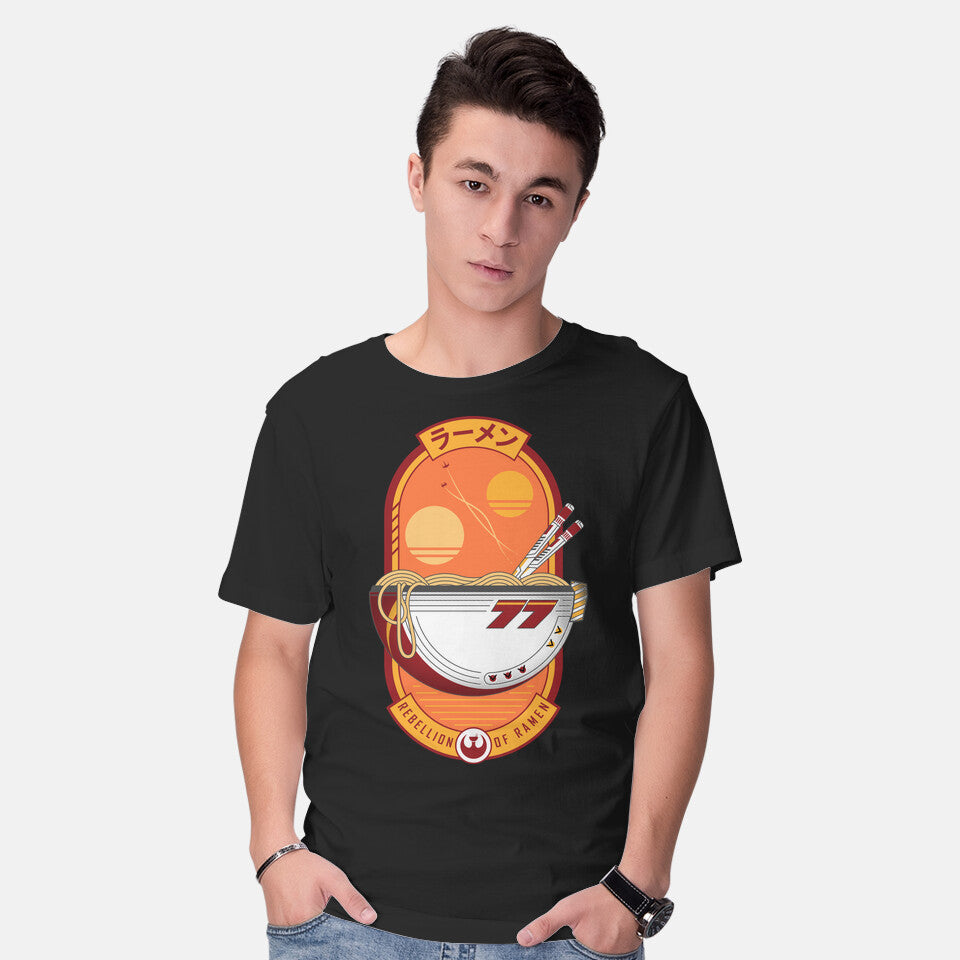 Model wearing black Rebellion Of Ramen – Sci-Fi Graphic T-Shirt
