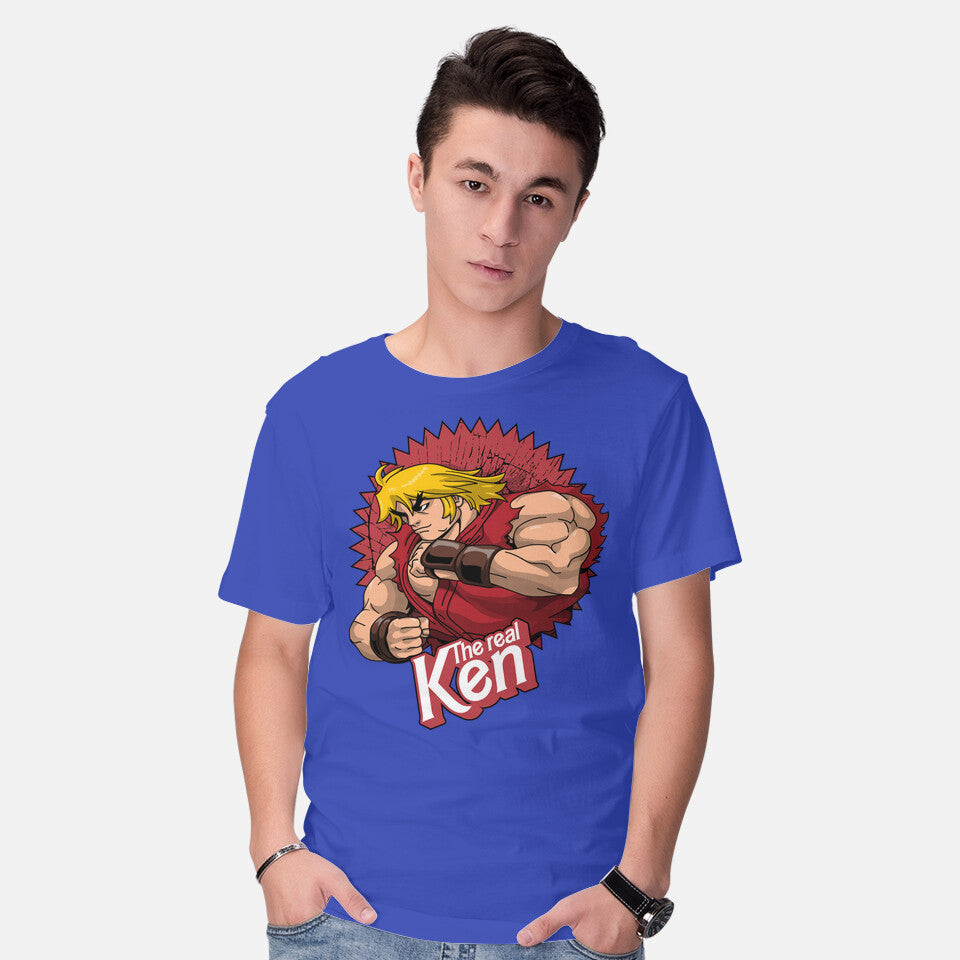 Model wearing royal blue The Real Ken – Gaming Graphic T-Shirt
