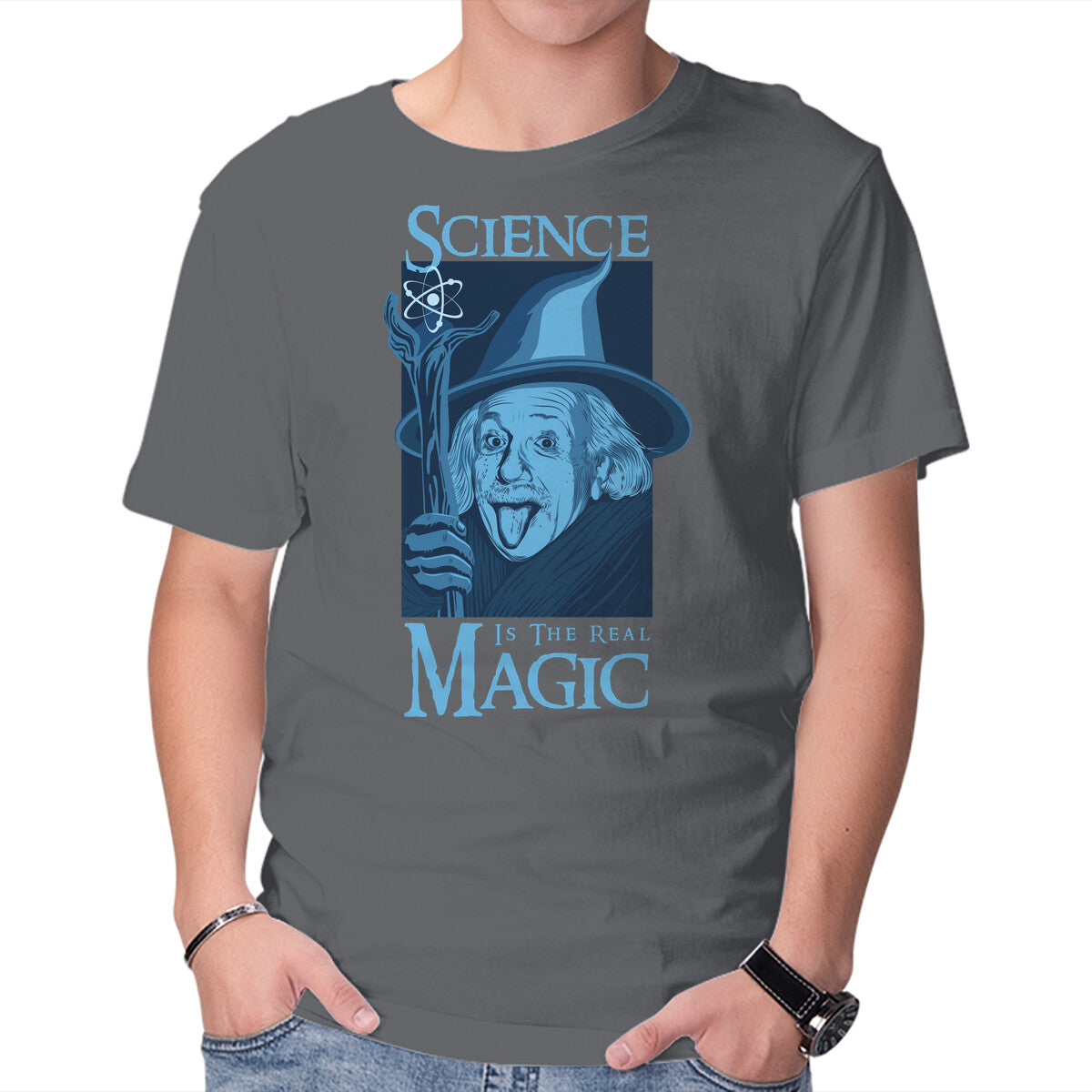 Science Is The Real Magic – Movie Graphic T-Shirt in charcoal, product display