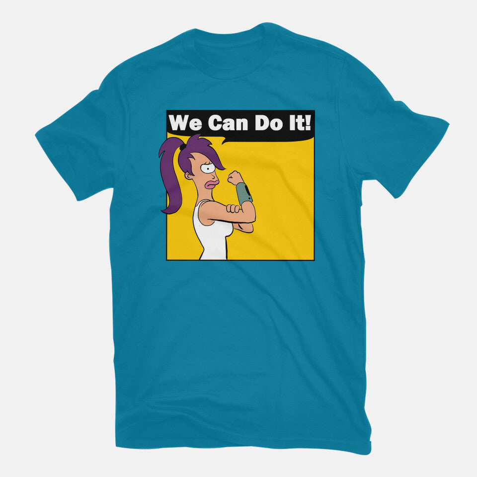 We Can Do It – Sci-Fi Graphic T-Shirt in turquoise, flat-lay product view