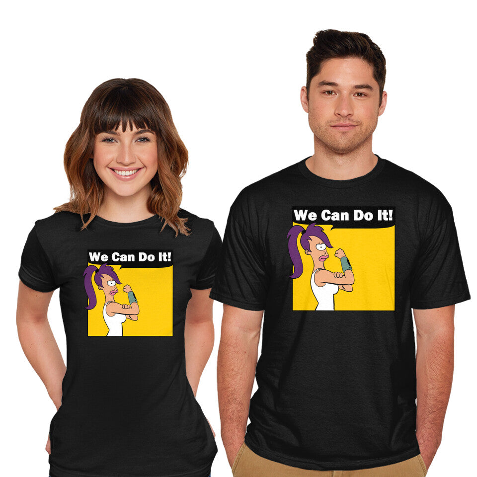 Model wearing black We Can Do It – Sci-Fi Graphic T-Shirt