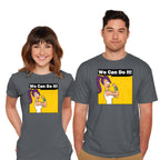 Model wearing charcoal We Can Do It – Sci-Fi Graphic T-Shirt