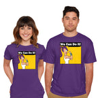 Model wearing purple We Can Do It – Sci-Fi Graphic T-Shirt