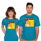 Model wearing turquoise We Can Do It – Sci-Fi Graphic T-Shirt
