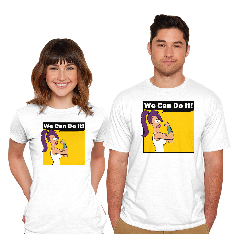 Model wearing white We Can Do It – Sci-Fi Graphic T-Shirt