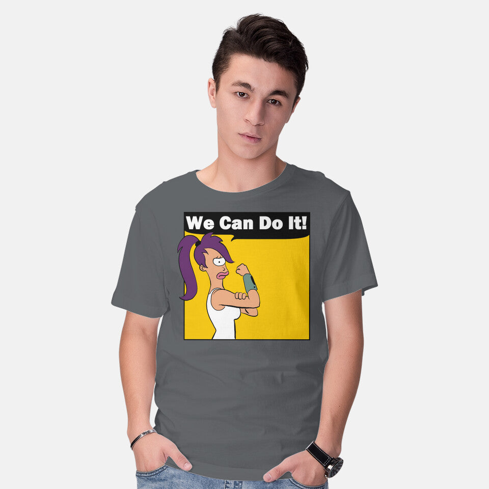 Model wearing charcoal We Can Do It – Sci-Fi Graphic T-Shirt