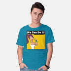 Model wearing turquoise We Can Do It – Sci-Fi Graphic T-Shirt