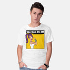 Model wearing white We Can Do It – Sci-Fi Graphic T-Shirt