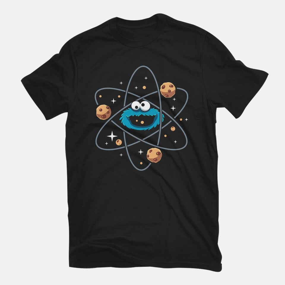 Cookie Atom – Funny Graphic T-Shirt in black, flat-lay product view