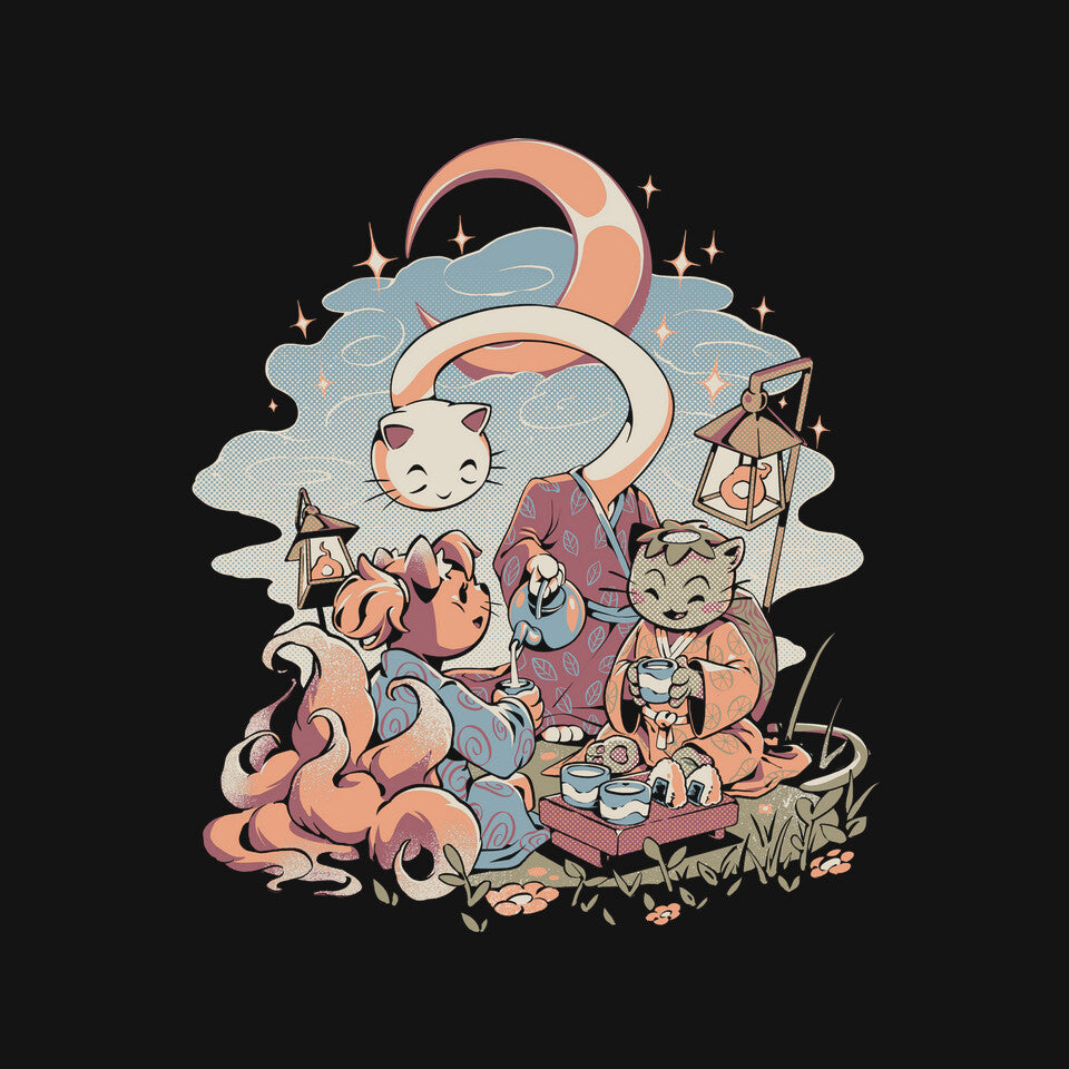 Night Tea – Cat Graphic T-Shirt design artwork for black graphic T-shirt