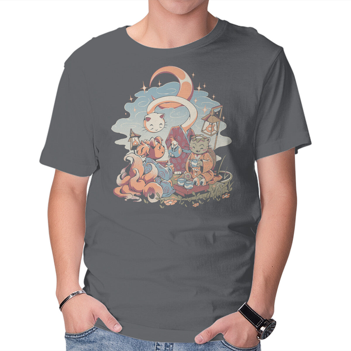 Night Tea – Cat Graphic T-Shirt in charcoal, product display