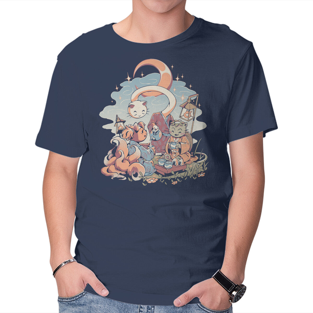 Night Tea – Cat Graphic T-Shirt in navy, product display