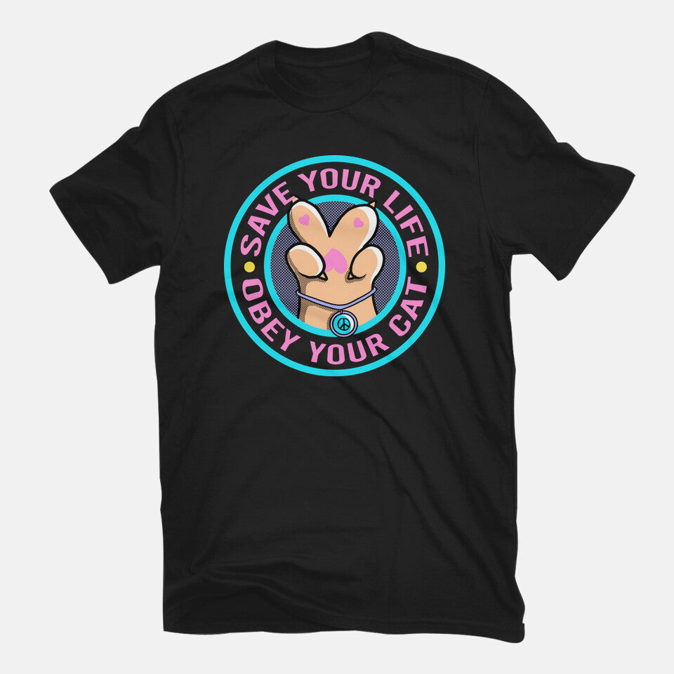 Obey Your Cat – Cat Graphic T-Shirt in black, flat-lay product view