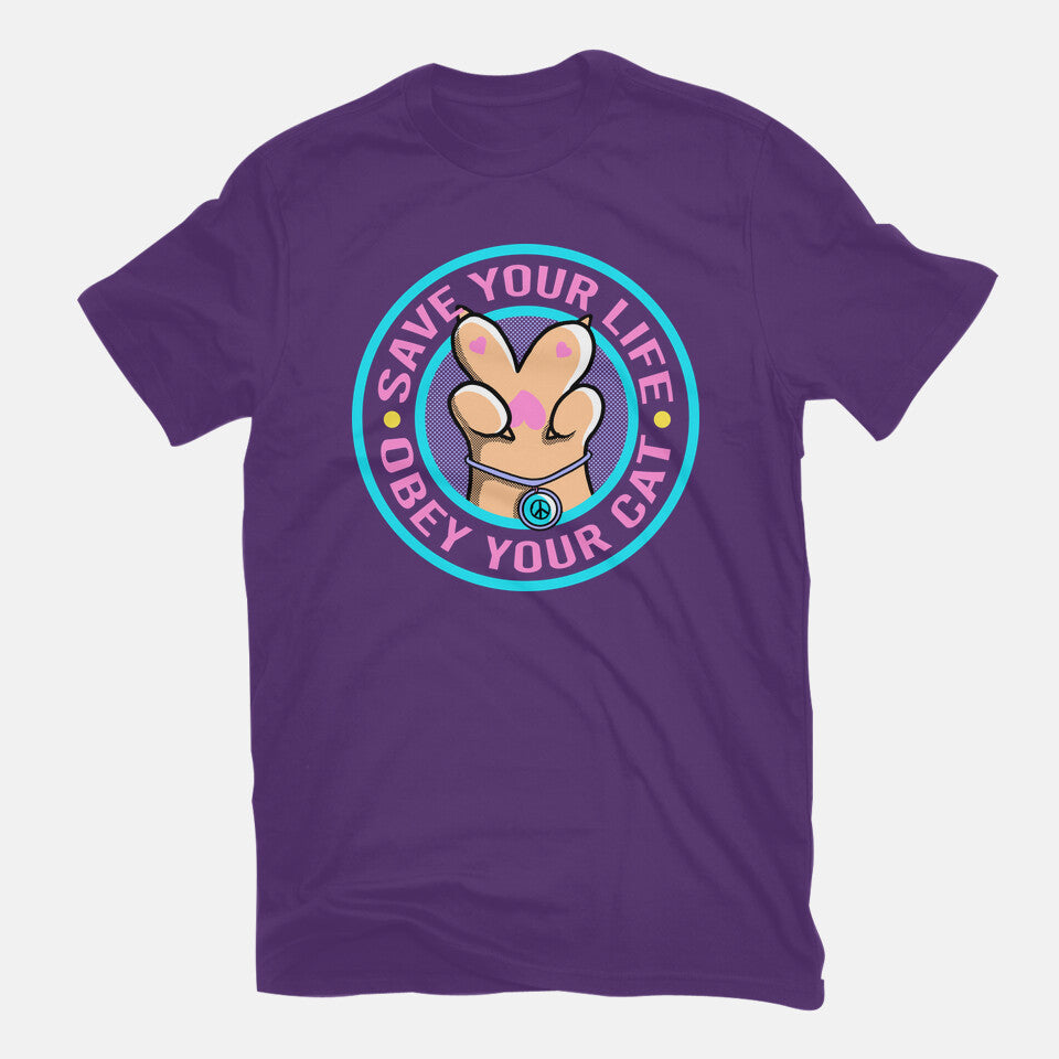 Obey Your Cat – Cat Graphic T-Shirt in purple, flat-lay product view